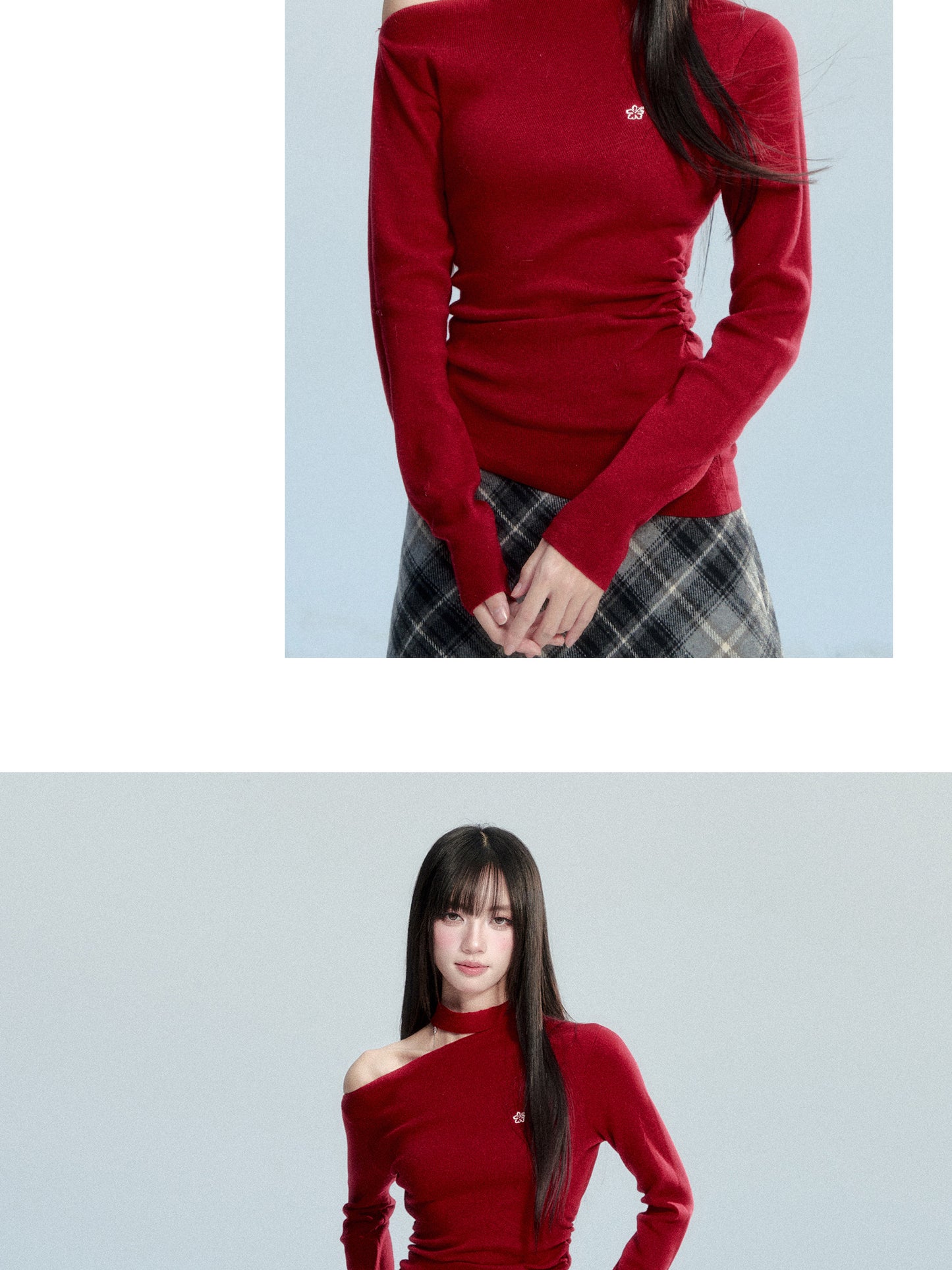 One-Shoulder Ruched Cotton Knit Top With Hibiscus Embroidery