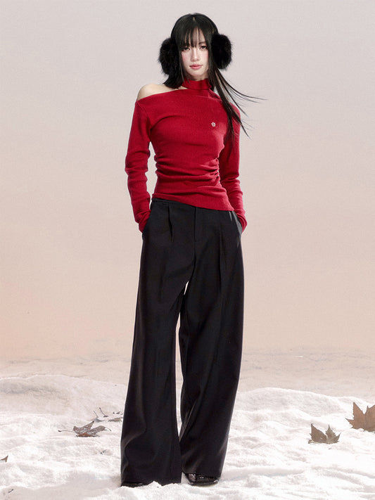 One-Shoulder Ruched Cotton Knit Top With Hibiscus Embroidery