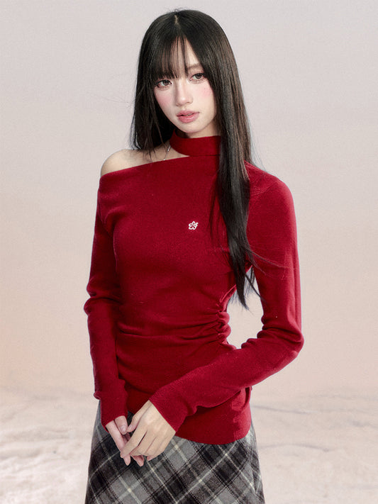 One-Shoulder Ruched Cotton Knit Top With Hibiscus Embroidery