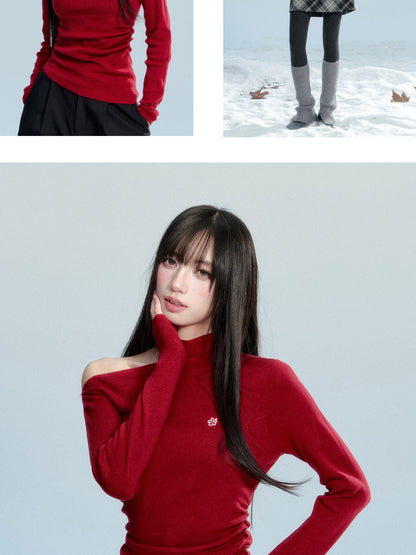 One-Shoulder Ruched Cotton Knit Top With Hibiscus Embroidery