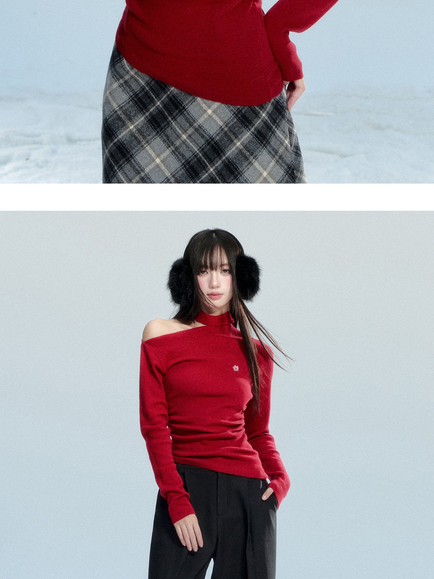 One-Shoulder Ruched Cotton Knit Top With Hibiscus Embroidery