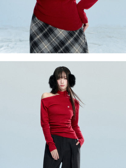 One-Shoulder Ruched Cotton Knit Top With Hibiscus Embroidery