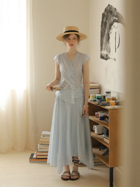 Pleated Grid Blouse And Asymmetric Skirt