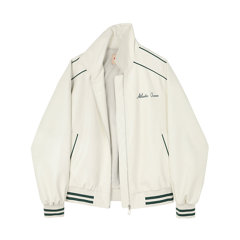 Embroidered Faux Leather Bomber Jacket