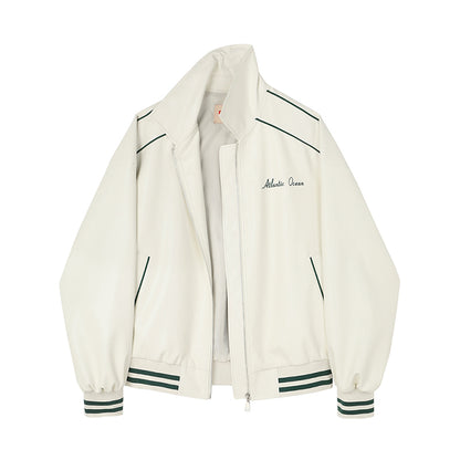 Embroidered Faux Leather Bomber Jacket