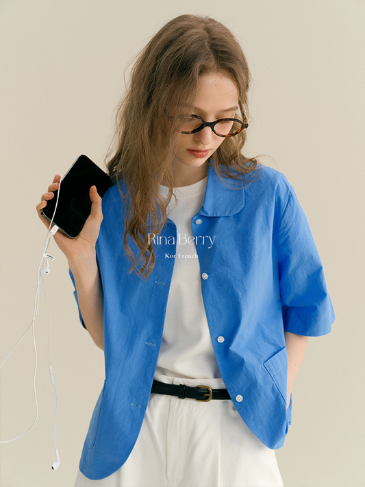Round Collar Elbow-Sleeve Shirt With Pockets