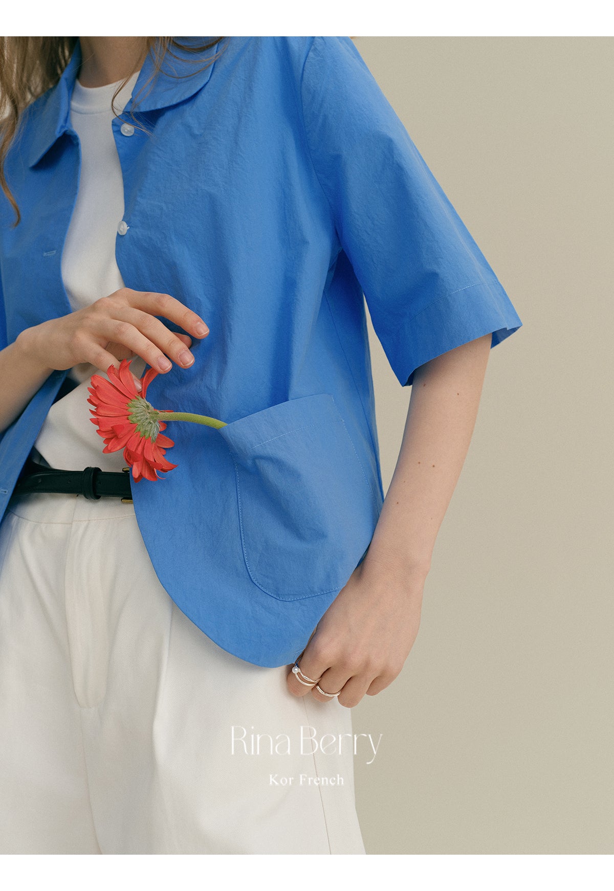 Round Collar Elbow-Sleeve Shirt With Pockets
