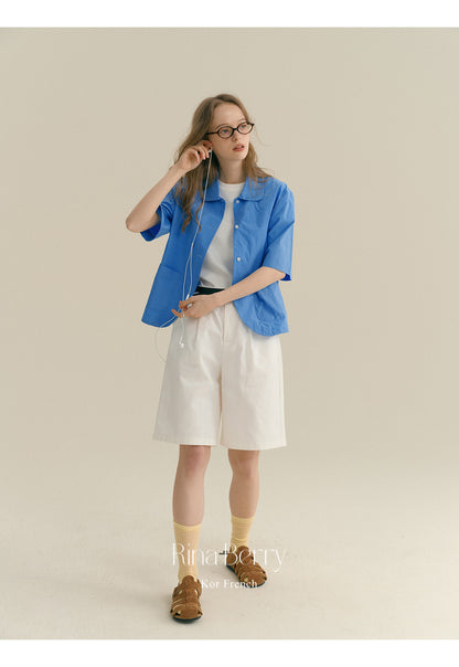Round Collar Elbow-Sleeve Shirt With Pockets