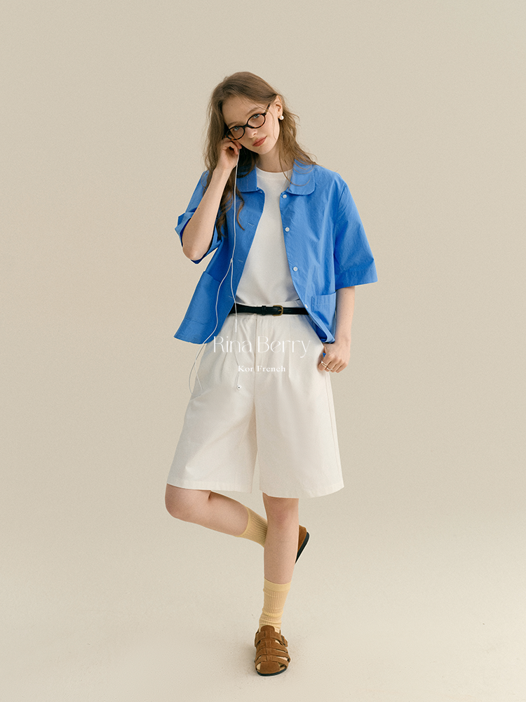 Round Collar Elbow-Sleeve Shirt With Pockets