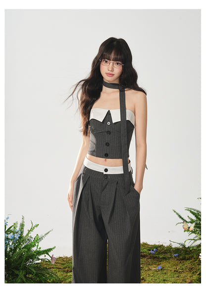 Cropped Tube Top & Pleated Wide-Leg Trousers Set