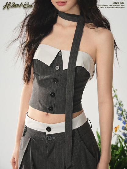 Cropped Tube Top & Pleated Wide-Leg Trousers Set