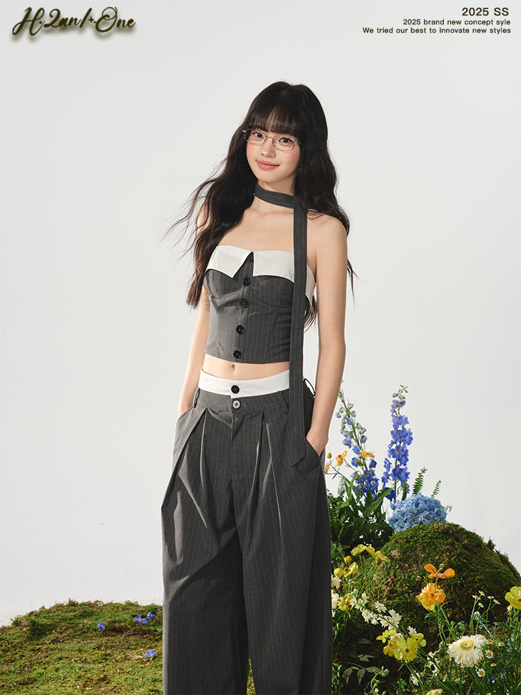 Cropped Tube Top & Pleated Wide-Leg Trousers Set