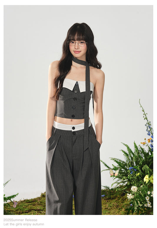 Cropped Tube Top & Pleated Wide-Leg Trousers Set