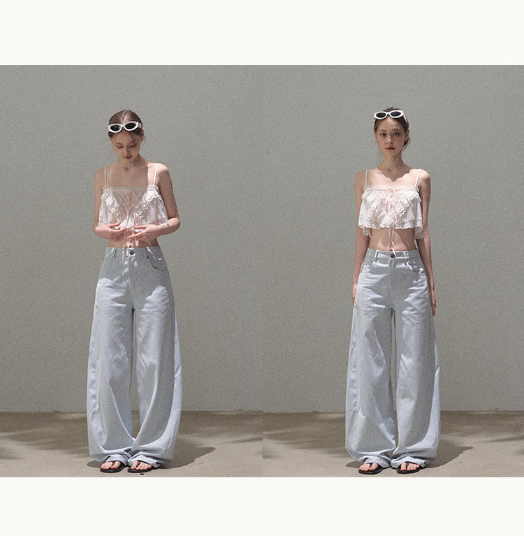 Curved Silhouette Wide-Leg Pants With Rhinestones