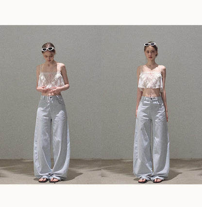 Curved Silhouette Wide-Leg Pants With Rhinestones