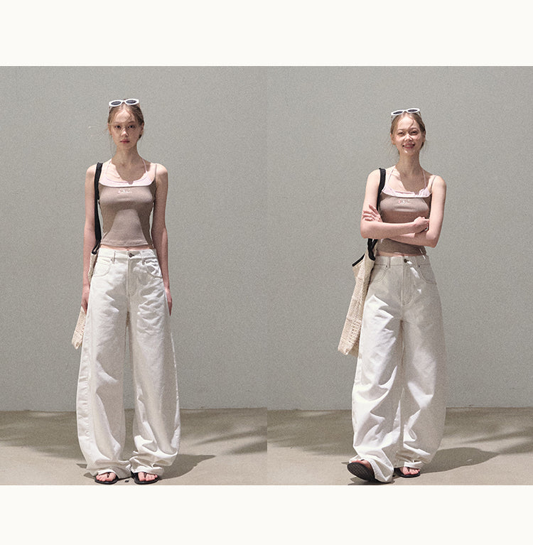 Curved Silhouette Wide-Leg Pants With Rhinestones