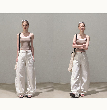 Curved Silhouette Wide-Leg Pants With Rhinestones