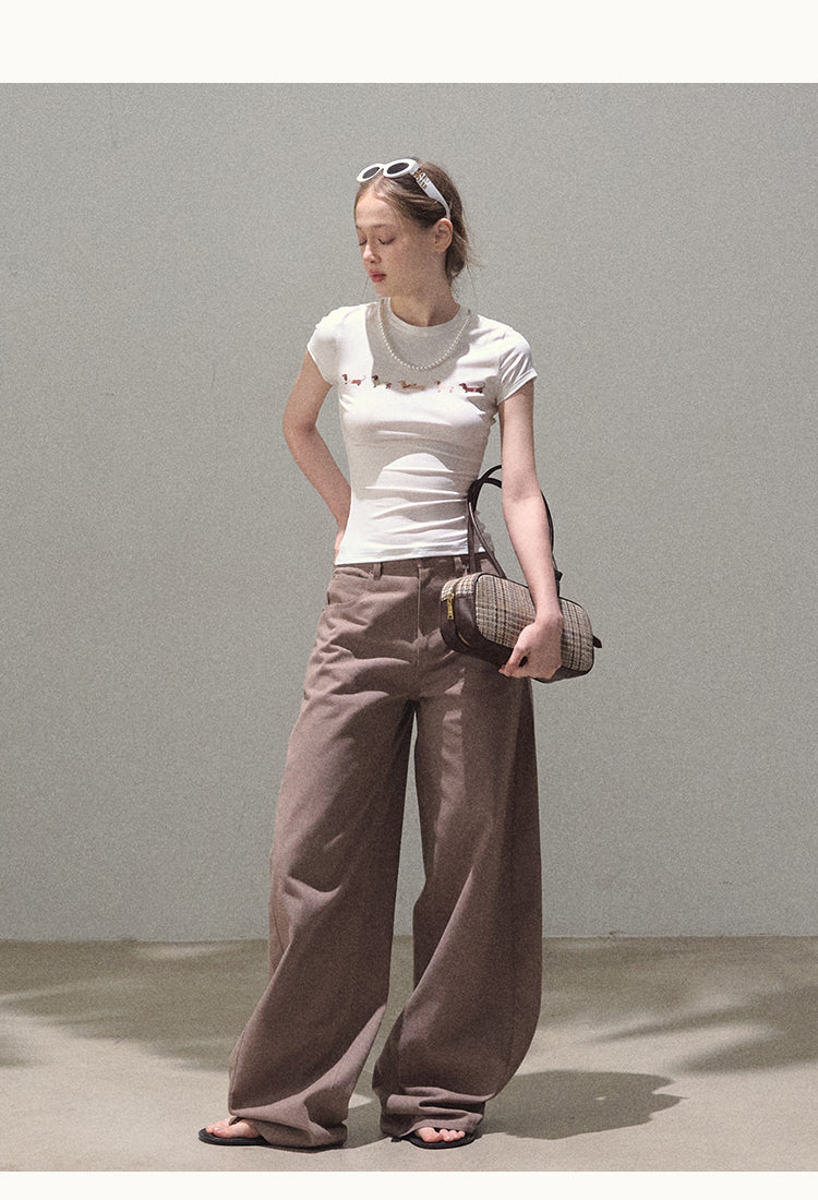 Curved Silhouette Wide-Leg Pants With Rhinestones