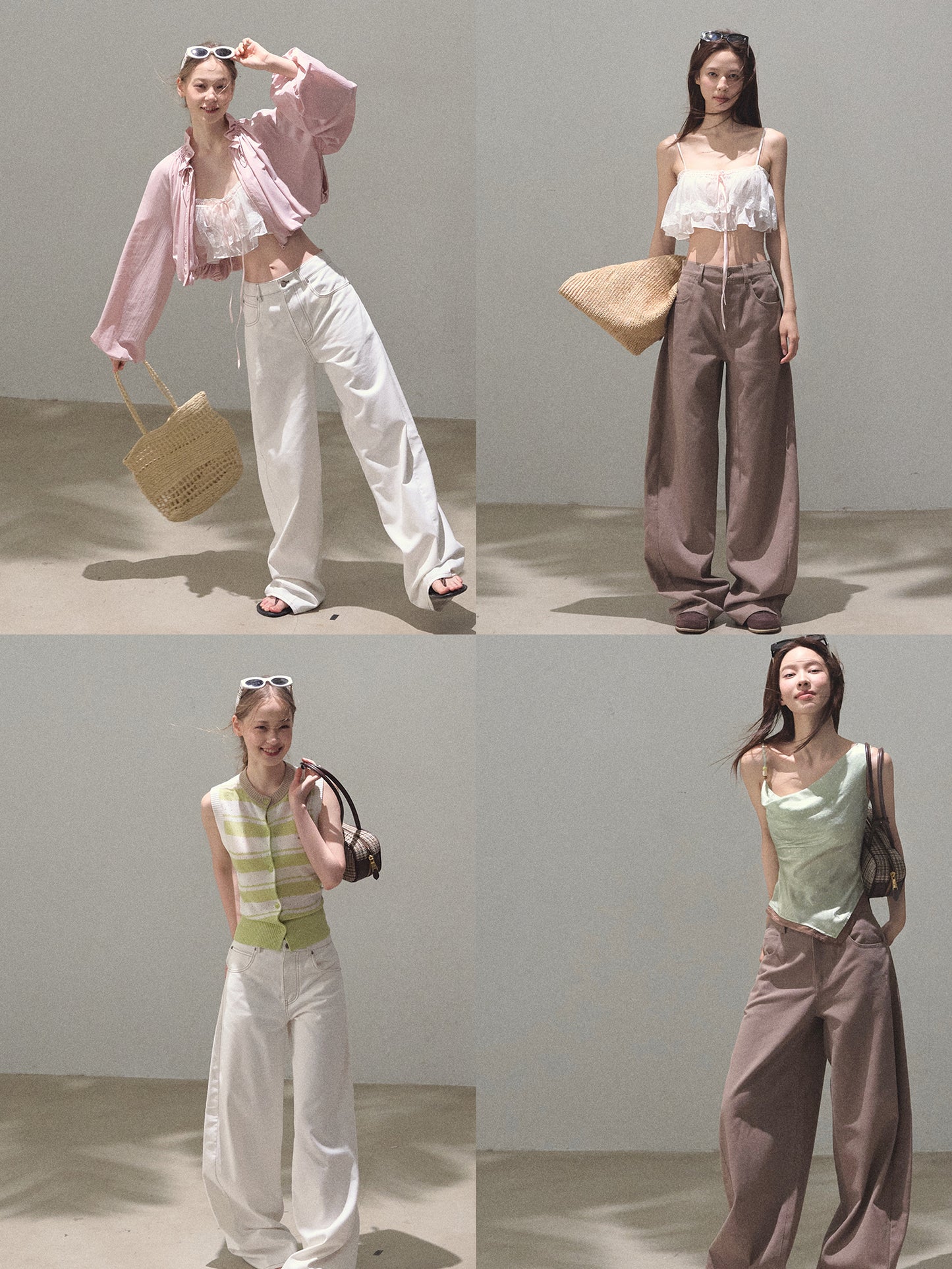 Curved Silhouette Wide-Leg Pants With Rhinestones