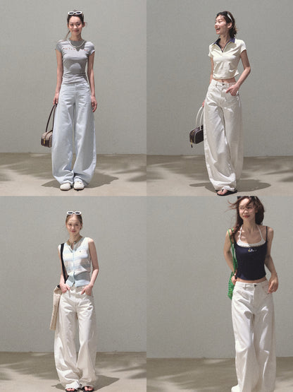 Curved Silhouette Wide-Leg Pants With Rhinestones