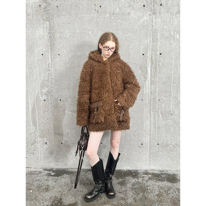 Hooded Faux Fur Coat With Belted Pockets