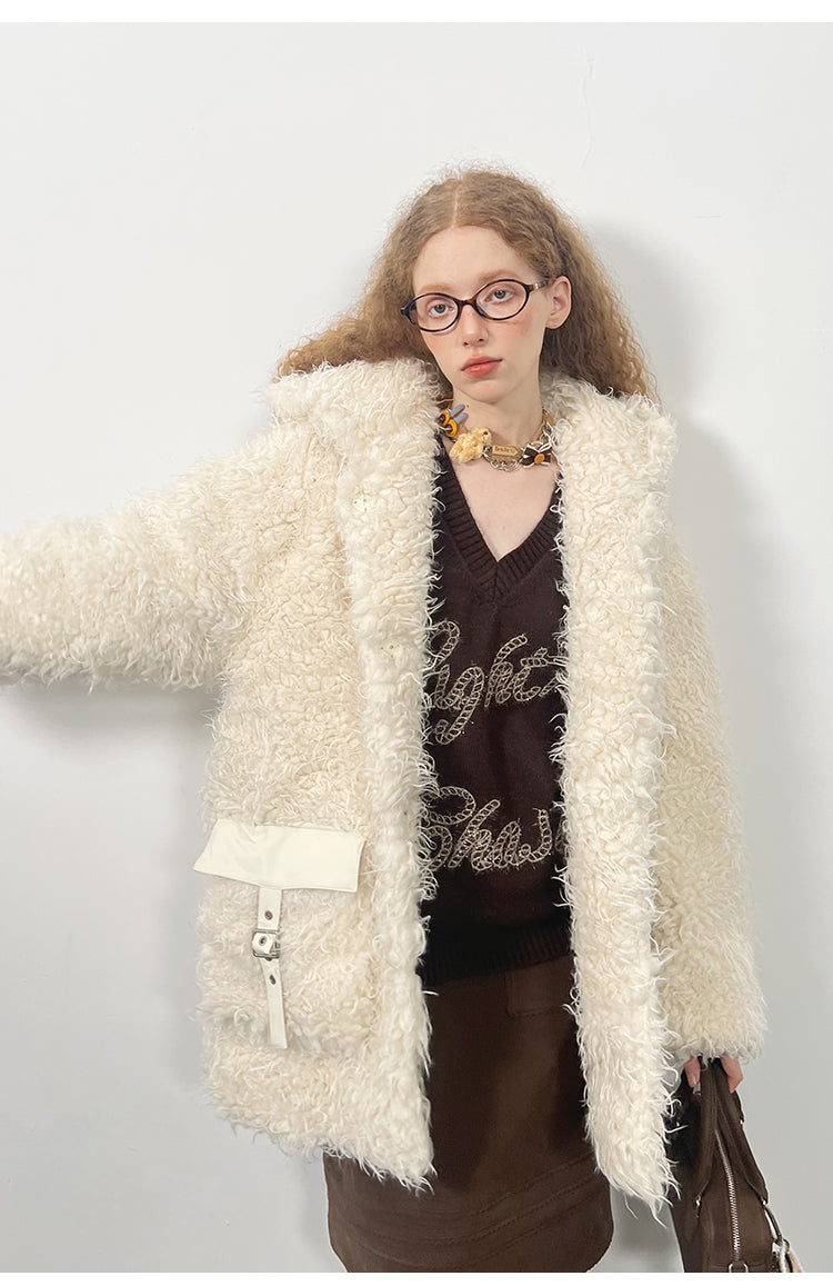 Hooded Faux Fur Coat With Belted Pockets