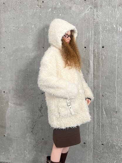 Hooded Faux Fur Coat With Belted Pockets