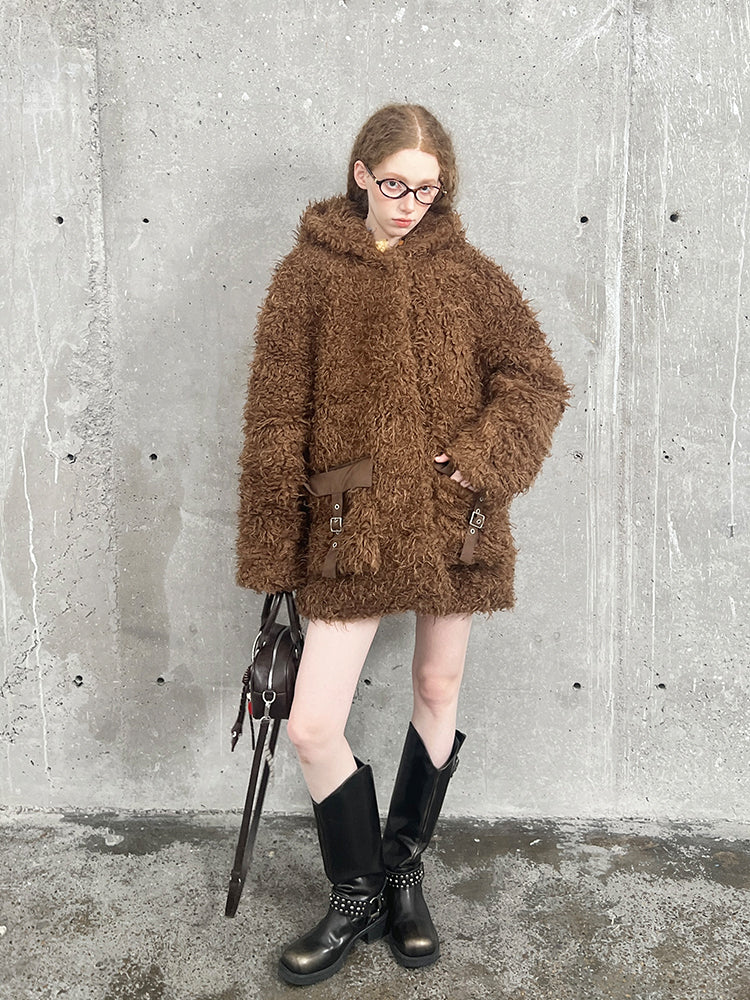 Hooded Faux Fur Coat With Belted Pockets