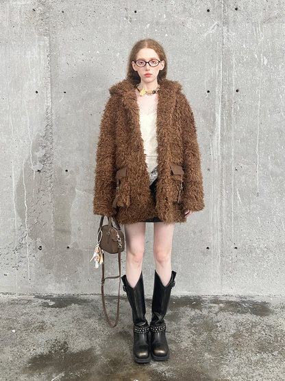 Hooded Faux Fur Coat With Belted Pockets