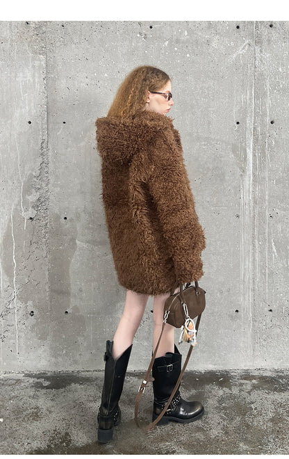 Hooded Faux Fur Coat With Belted Pockets