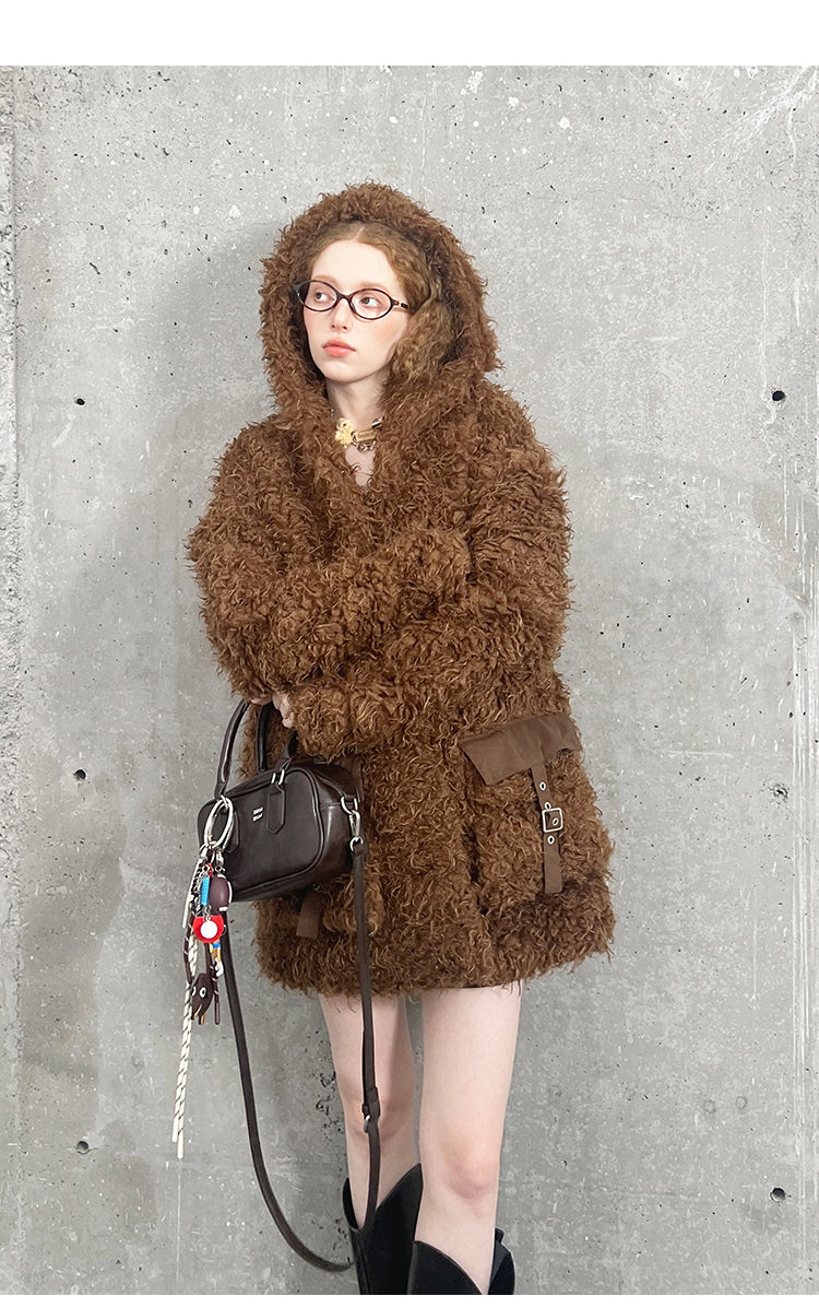 Hooded Faux Fur Coat With Belted Pockets