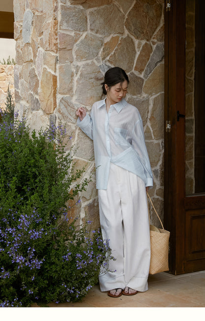 Relaxed-Fit Sheer Striped Shirt With Embroidery