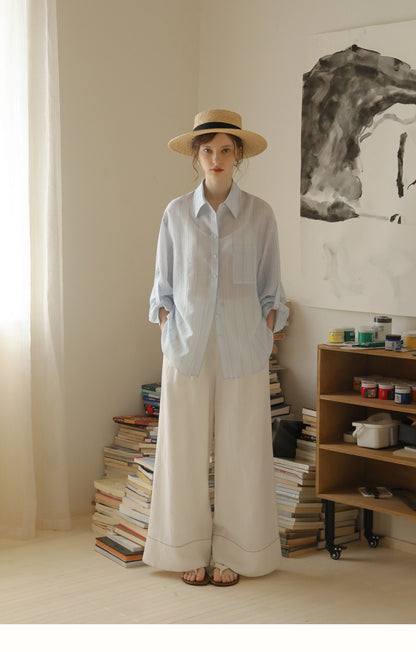 Relaxed-Fit Sheer Striped Shirt With Embroidery