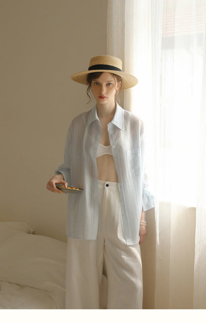 Relaxed-Fit Sheer Striped Shirt With Embroidery