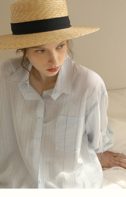 Relaxed-Fit Sheer Striped Shirt With Embroidery