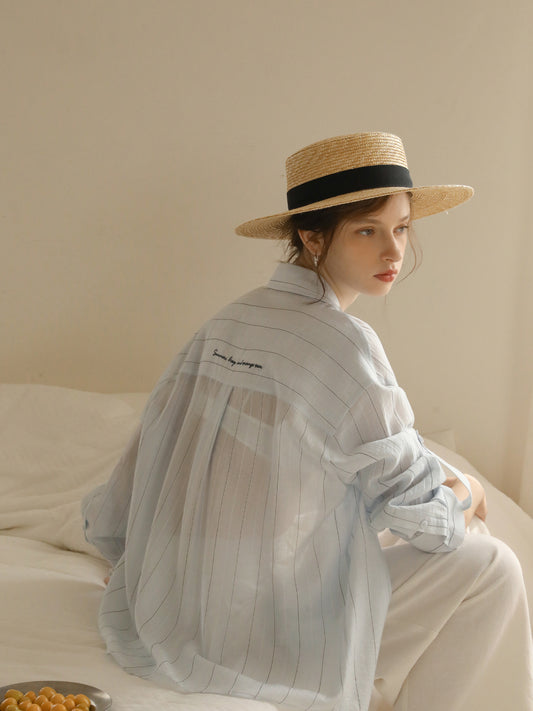 Relaxed-Fit Sheer Striped Shirt With Embroidery