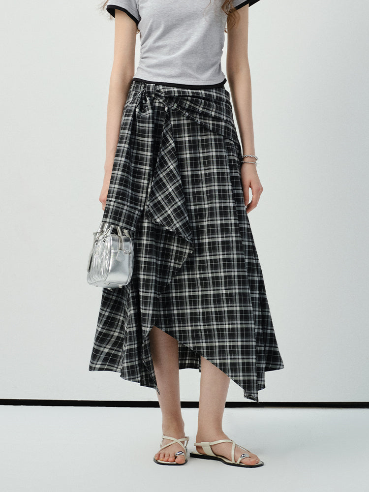 Asymmetrical Plaid Skirt With Tie Detail