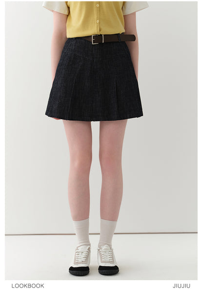 High-Waist Pleated A-Line Denim Skirt