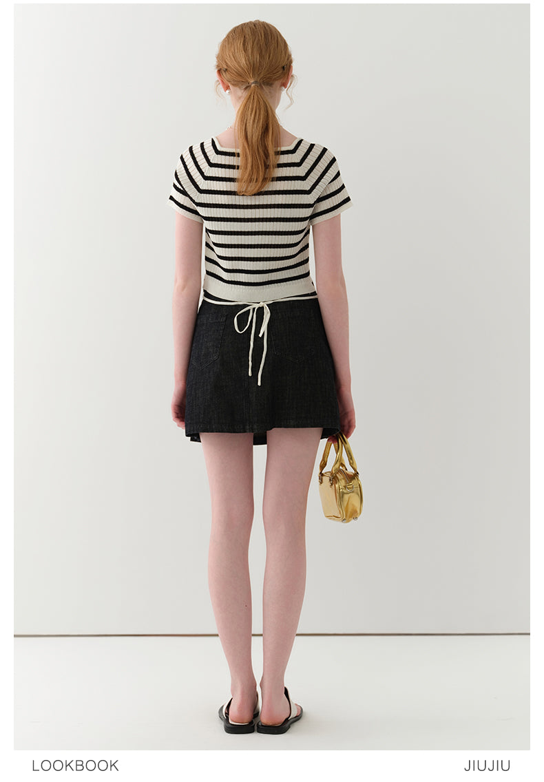 High-Waist Pleated A-Line Denim Skirt
