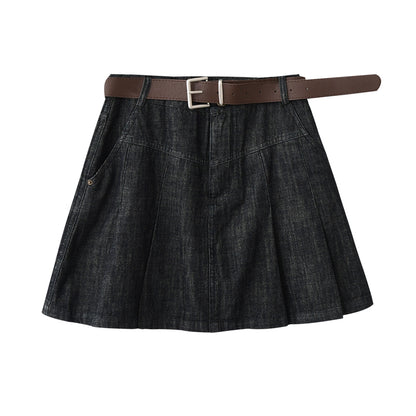 High-Waist Pleated A-Line Denim Skirt