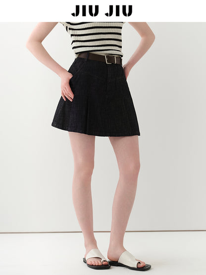 High-Waist Pleated A-Line Denim Skirt