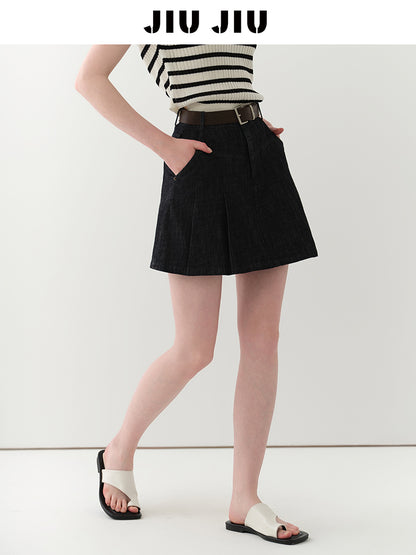 High-Waist Pleated A-Line Denim Skirt