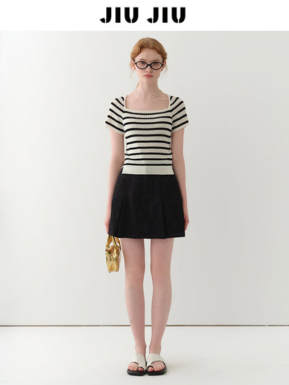 High-Waist Pleated A-Line Denim Skirt