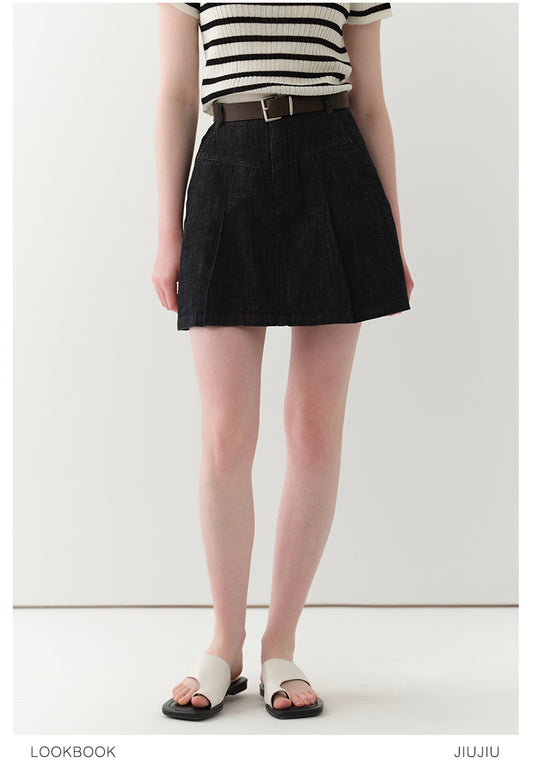 High-Waist Pleated A-Line Denim Skirt