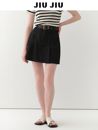 High-Waist Pleated A-Line Denim Skirt