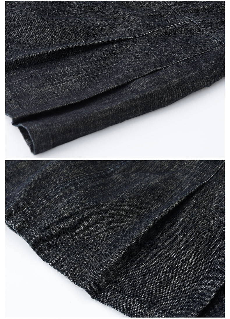 High-Waist Pleated A-Line Denim Skirt