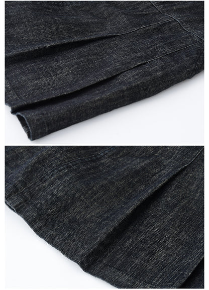 High-Waist Pleated A-Line Denim Skirt