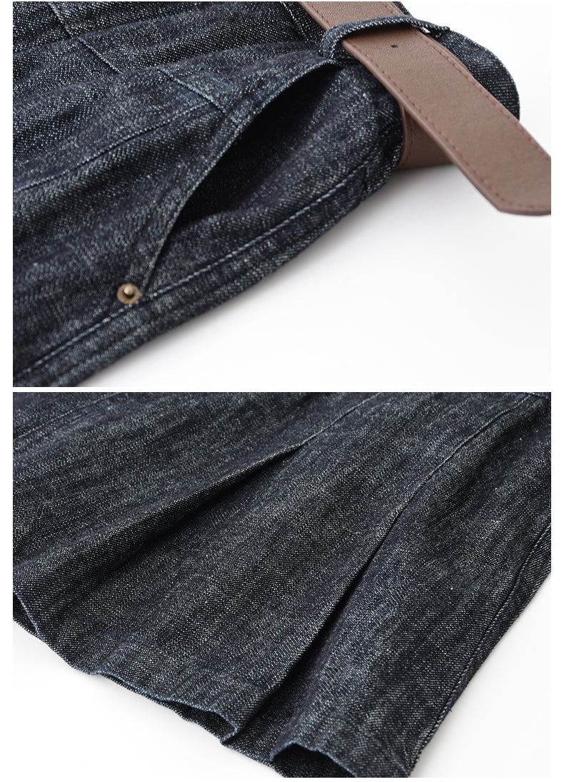 High-Waist Pleated A-Line Denim Skirt