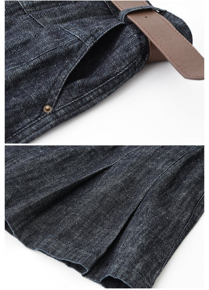 High-Waist Pleated A-Line Denim Skirt