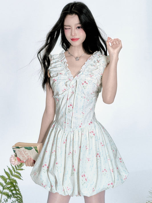 Floral Bubble Hem Dress With Ruched Detail